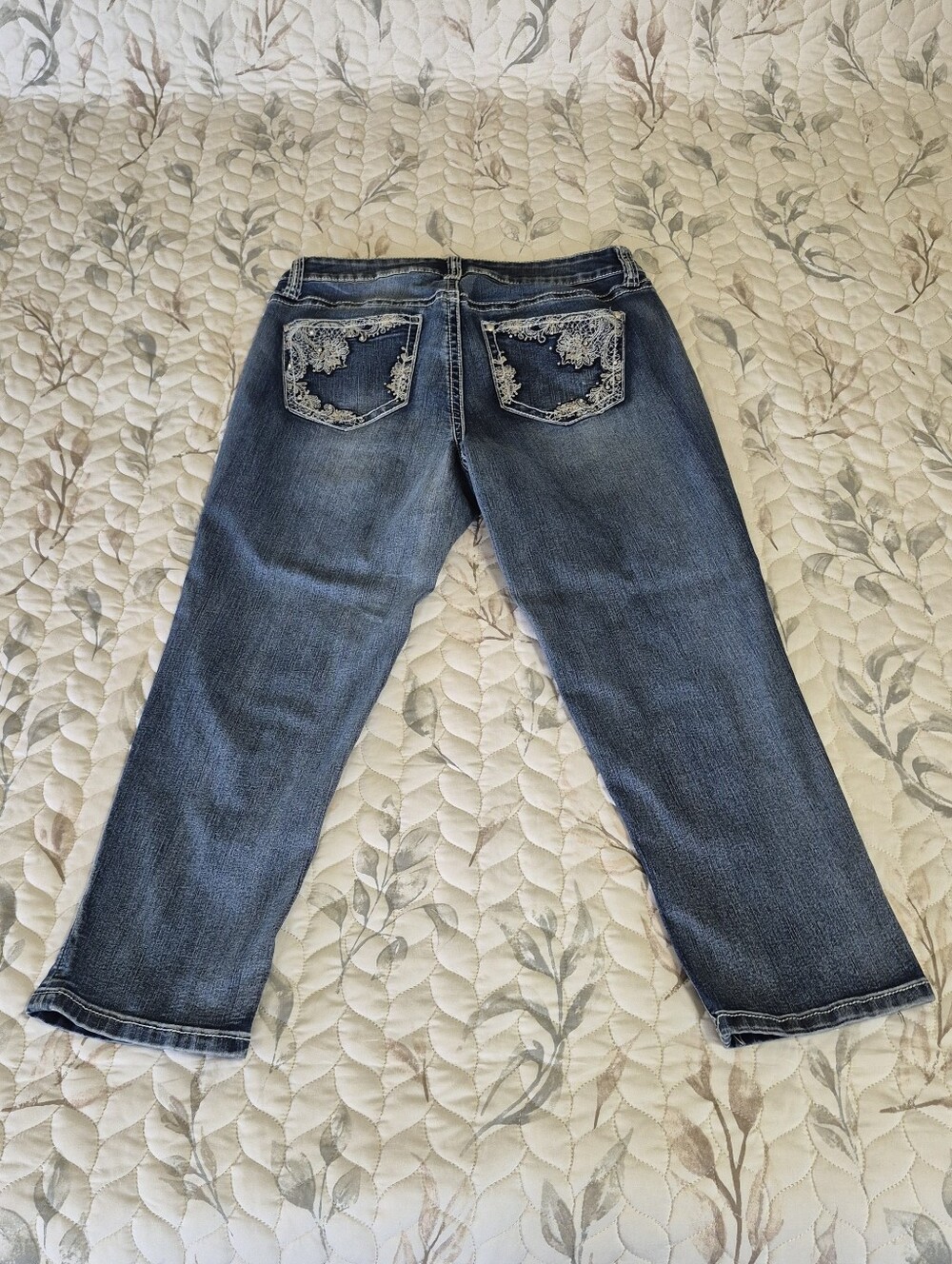 Women's Blue Embroidered Pocket Capris - Picture 2 of 13